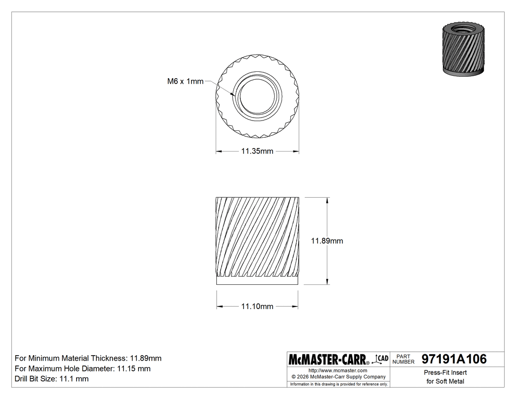 Technical Drawing of Press-Fit Insert for Soft Metal, Zinc-Plated Steel, M6 x 1 mm Thread Size.